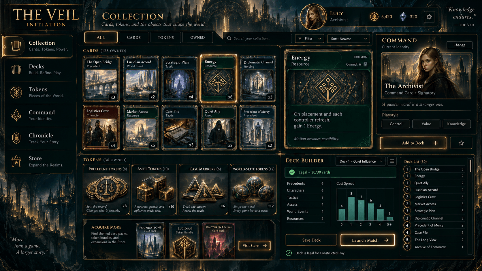 Visual development concept for The Veil collection and deck-building interface